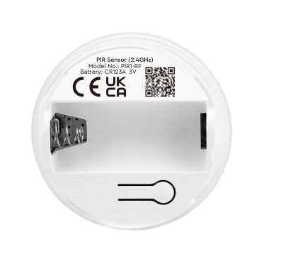 MiBoxer PIR1 Bewegungsmelder – Rückseite mit Batteriefach und SET-Taste Rückseite des MiBoxer PIR1 PIR-Bewegungsmelders mit CR123A Batteriefach, SET-Taste und 2,4 GHz Funkmodul