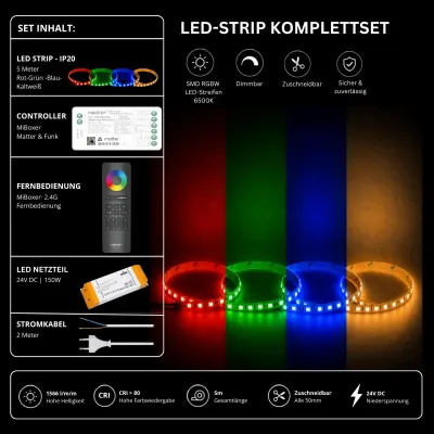 RGBW LED Streifen Komplettset 24V mit 5 m SMD LED Streifen 6500K, MiBoxer Matter Funk Controller, 2.4G Fernbedienung und 150W Netzteil