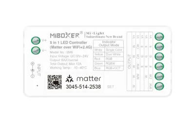 LED Streifen Set RGBW – COB LED Streifen 24V, punktfrei, 20 W/m, 5m, RGB + Warmweiß 2700K, CRI 90, IP33 – SS150 Netzteil, SM5 Matter Controller & C5 Fernbedienung Schwarz