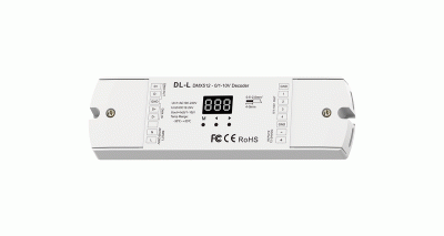 DMX 0 10V Decoder DL L Frontansicht DMX512 0 10V Decoder DL L LED Controller Frontansicht zur Steuerung von LED Beleuchtung