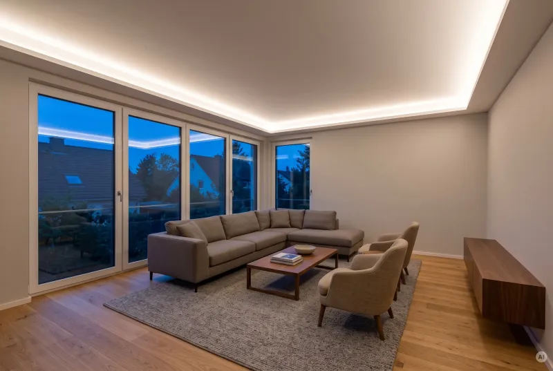 Modernes Wohnzimmer mit indirekter LED-Deckenbeleuchtung über eine umlaufende Gipskartonvoute in warmweißem Licht