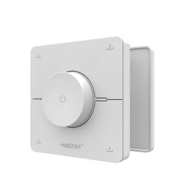 MiBoxer K0 CCT LED Drehregler Fernbedienung in Weiß 2.4GHz Wandcontroller in 3D Ansicht MiBoxer K0 CCT LED Drehregler Fernbedienung in Weiß als 2.4GHz Wandcontroller zur Steuerung von LED Streifen in moderner 3D Perspektive