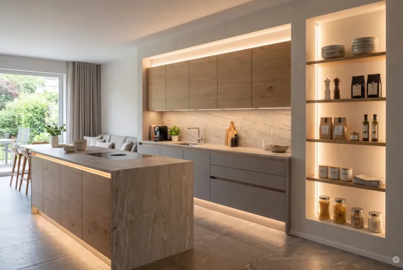 Moderne Wohnküche mit integrierter LED-Unterbaubeleuchtung, Sockellicht und einer beleuchteten Wandnische mit Vorratsgläsern und Gewürzen.