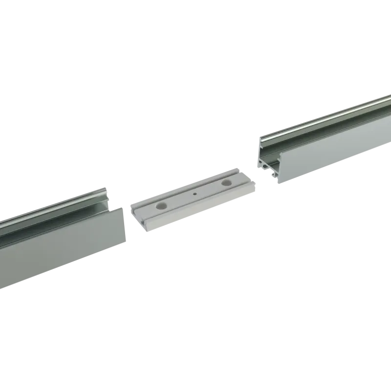 PETG-Geradverbinder 180° zwischen zwei LED Alu-Einbauprofilen EXO-A2 – Explosionsansicht vor der Montage mit sichtbarem Profilquerschnitt