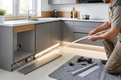 Küchenmonteur bei der fachgerechten Installation einer COB-LED-Sockelbeleuchtung mit Aluminiumprofil unter einer modernen grauen Küchenzeile.