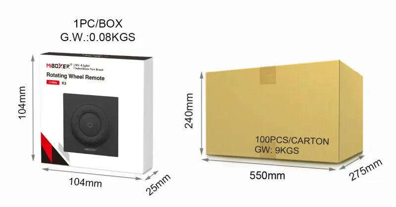 MiBoxer K3 Fernbedienung Schwarz Lieferumfang – Drehregler-Fernbedienung mit magnetischer Wandhalterung und Zubehör