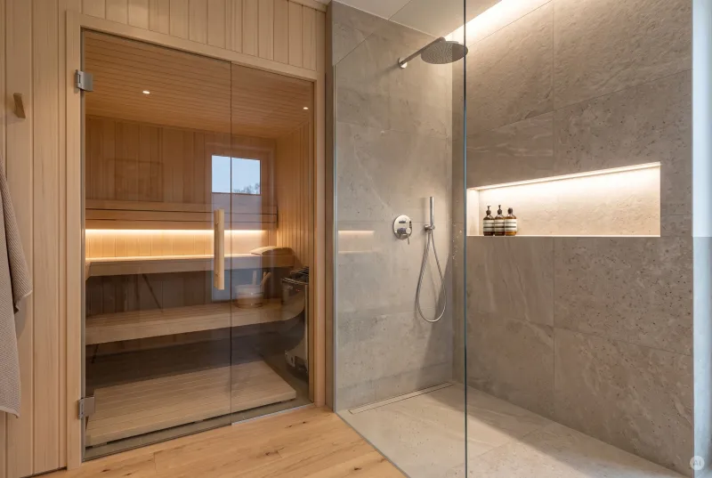 Ein moderner Wellnessbereich mit einer Sauna, die eine Glasfront hat, und einer Dusche mit Steinfliesen und LED-Regalbeleuchtung.