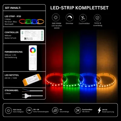 RGBW LED Streifen Komplettset mit Matter 24V RGBW LED Streifen Komplettset 24V mit 5 m SMD LED Streifen 3000K, MiBoxer Matter Funk Controller, 2.4G Fernbedienung und 150W Netzteil