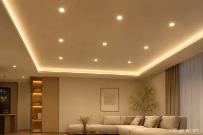 Moderner Wohnraum mit warmweißen LED Einbaustrahlern und indirekter Voutenbeleuchtung in abgehängter Decke