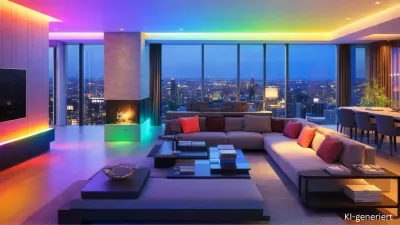 Modernes Wohnzimmer mit COB RGBW LED Streifen und homogener farbiger Ambientebeleuchtung ohne sichtbare Lichtpunkte