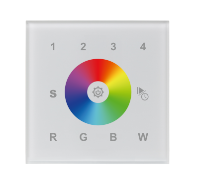 SR-2812Wi-DMX Wandcontroller für RGBW LED-Streifen mit Glas-Touch, vier Zonen, Farbrad und WiFi-App-Steuerung