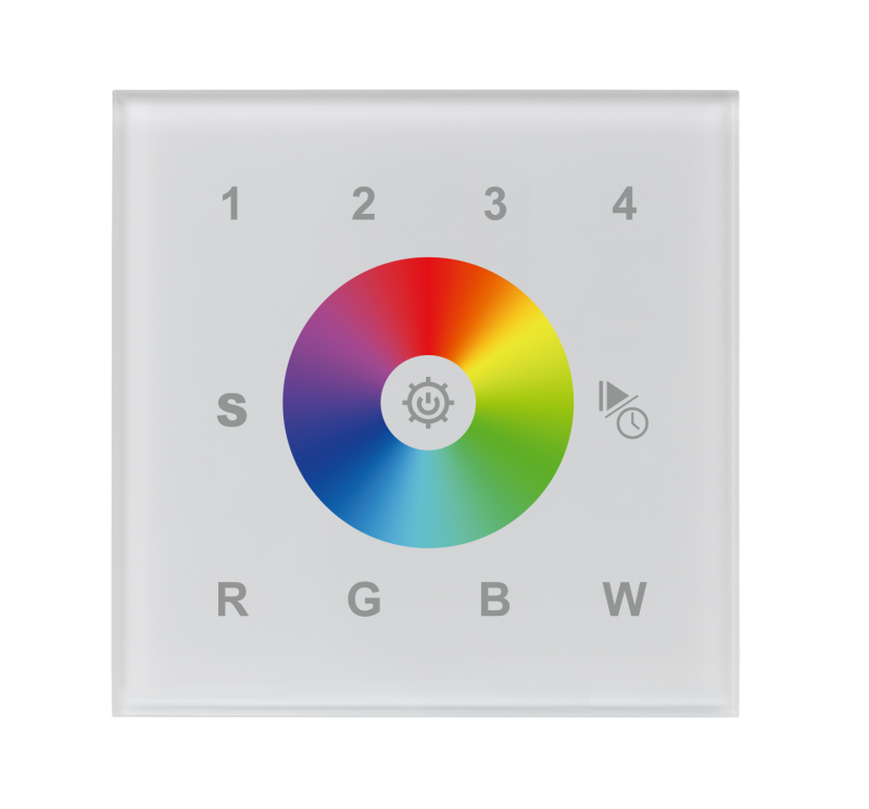 SR-2812Wi-DMX Wandcontroller für RGBW LED-Streifen mit Glas-Touch, vier Zonen, Farbrad und WiFi-App-Steuerung
