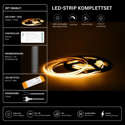COB LED-Strip Komplettset mit 5 m warmweißem 2700 K LED-Streifen, 24 V Netzteil, MiBoxer Funk-Controller und 2,4 GHz Fernbedienung