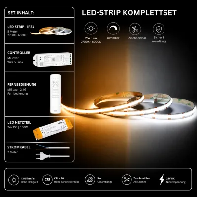 LED Streifen Komplettset WiFi 24V – Warmweiß bis Kaltweiß mit MiBoxer WLAN Controller & weißer Fernbedienung LED Streifen Komplettset mit 5 m CCT LED-Streifen (2700K–6000K), MiBoxer WiFi-Controller, weißer 2,4 GHz Funk-Fernbedienung, 100W 24V LED-Netzteil und Stromkabel. Smart steuerbares LED-Set