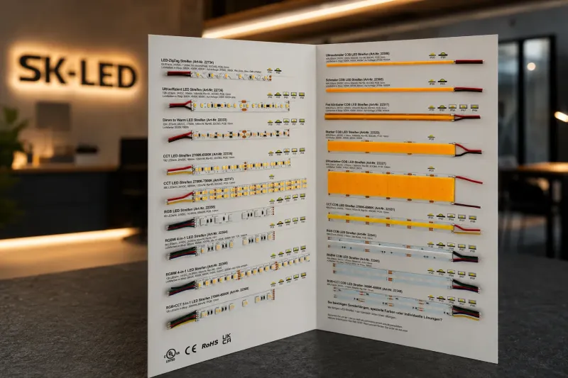 Aufgeschlagenes SK-LED Musterheft im Showroom für professionelle Lichtplanung