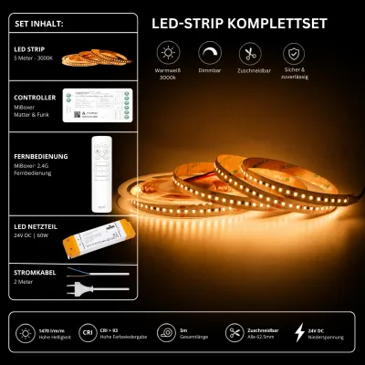5 Meter LED-Streifen Komplettset in Warmweiß 3000K mit MiBoxer Matter & Funk Controller, 2,4 GHz Fernbedienung, 24V LED-Netzteil und Anschlusskabel. Dimmbares LED-Band mit 1470 lm/m, CRI >93 und zuschneidbar alle 62,5 mm