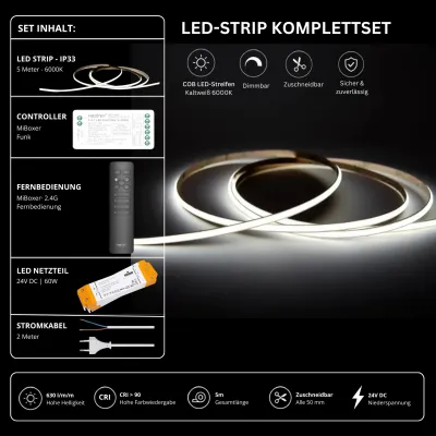 COB LED-Strip Komplettset mit 5 m kaltweißem LED-Streifen 6000 K, 24 V Netzteil, MiBoxer Funk-Controller und 2,4 GHz Fernbedienung, CRI > 90