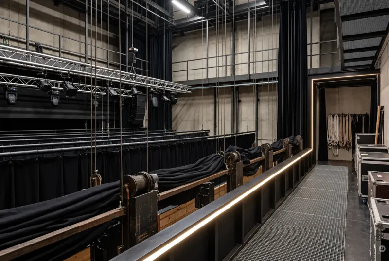 Blick von einer Empore auf Seilzüge, Vorhänge und Traversen einer Theaterbühne, mit leuchtenden LED-Konturleisten am Laufsteg.
