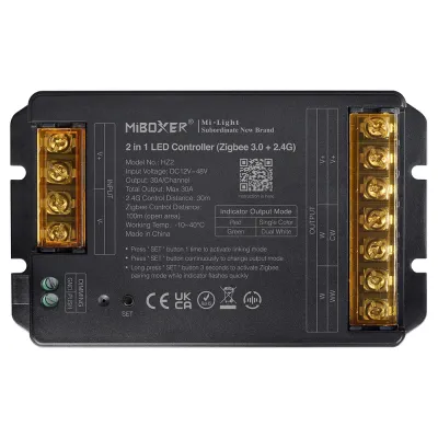 MiBoxer HZ2 2-in-1 LED Controller – einfarbig & CCT, Zigbee 3.0, 12–48V, 30A | SK-LED MiBoxer HZ2 2-in-1 LED Controller – einfarbig und CCT, 12–48V DC, 30A, Zigbee 3.0 und 2,4 GHz Funk, kompatibel mit Philips Hue und SmartThings, Frontansicht