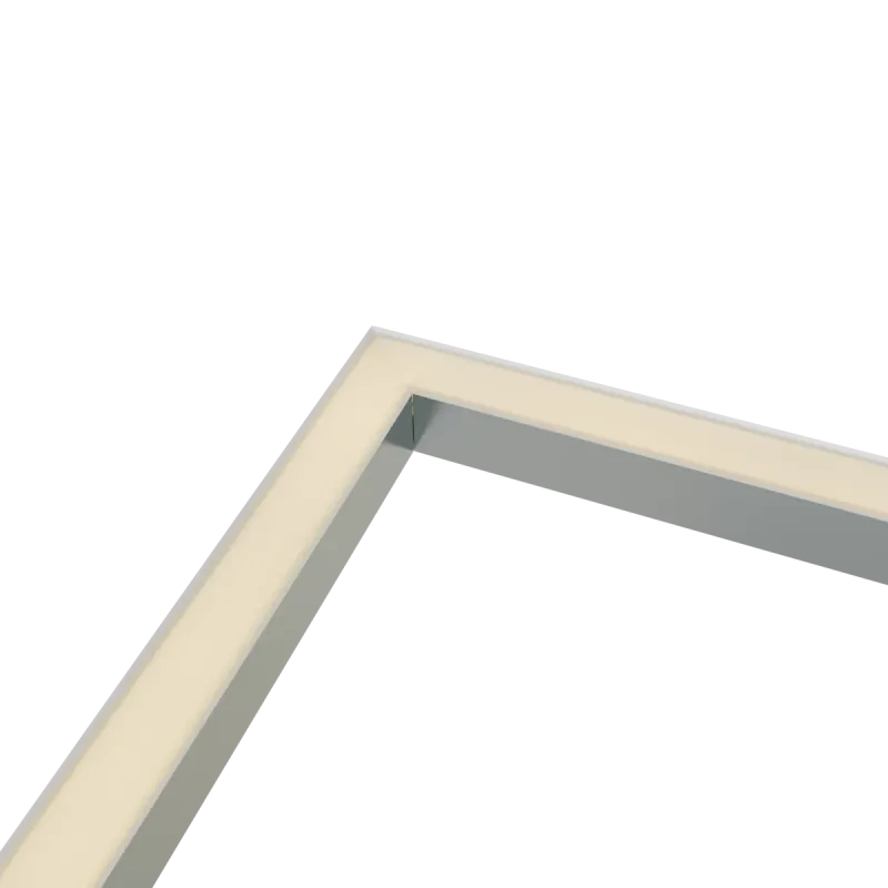 CON-A2 Verbinder 90° – Nahaufnahme der montierten Eckverbindung eines LED-Aluminiumprofils mit milchweißer Diffusorscheibe, Innenecke von schräg oben