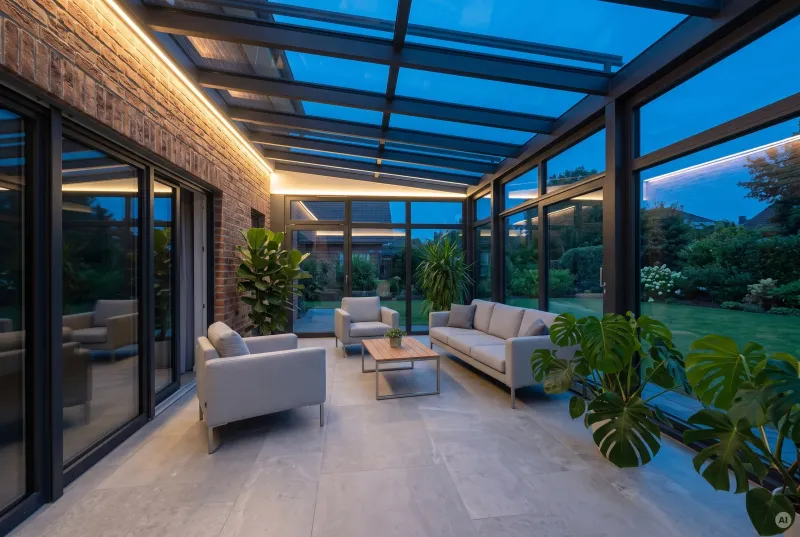 Moderner Wintergarten mit anthrazitfarbenen Aluminiumrahmen, Klinkerwand und verdeckter warmweißer LED-Beleuchtung am Dachübergang zur blauen Stunde.