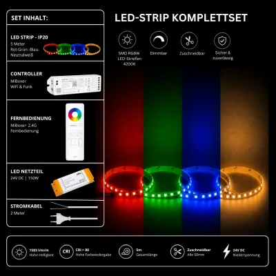 RGBW LED Streifen Komplettset 24V mit 5 m SMD LED Streifen 4200K Neutralweiß, MiBoxer WiFi Funk Controller, 2.4G Fernbedienung und 150W Netzteil