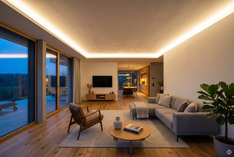 Weitwinkelaufnahme eines modernen Wohnzimmers mit warmweißer, indirekter LED-Deckenbeleuchtung entlang einer abgehängten Deckenvoute.