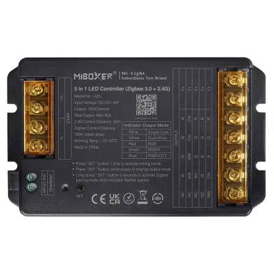 MiBoxer HZ5 5-in-1 LED Controller – RGB RGBW RGBCCT CCT einfarbig, Zigbee 3.0, 12–48V, 30A | SK-LED MiBoxer HZ5 5-in-1 LED Controller – RGB, RGBW, RGB+CCT, CCT und einfarbig, 12–48V DC, 30A, Zigbee 3.0 und 2,4 GHz Funk, kompatibel mit Philips Hue und SmartThings, Frontansicht