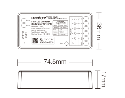 MiBoxer SM5 – Maßzeichnung, Abmessungen 17x36x74,5 mm | SK-LED MiBoxer SM5 LED Controller Maßzeichnung – Abmessungen 17x36x74,5 mm, technische Zeichnung mit Bemaßung aller Seiten