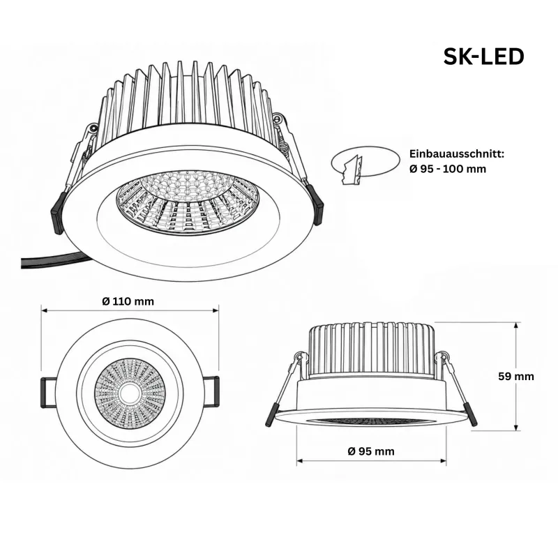 Maßzeichnung LED Einbaustrahler IP65 wasserdicht 12W 24V DC RGBW mit 2700K Warmweiß, CRI 95, 60° Reflektor und Ø100 mm Lochmaß