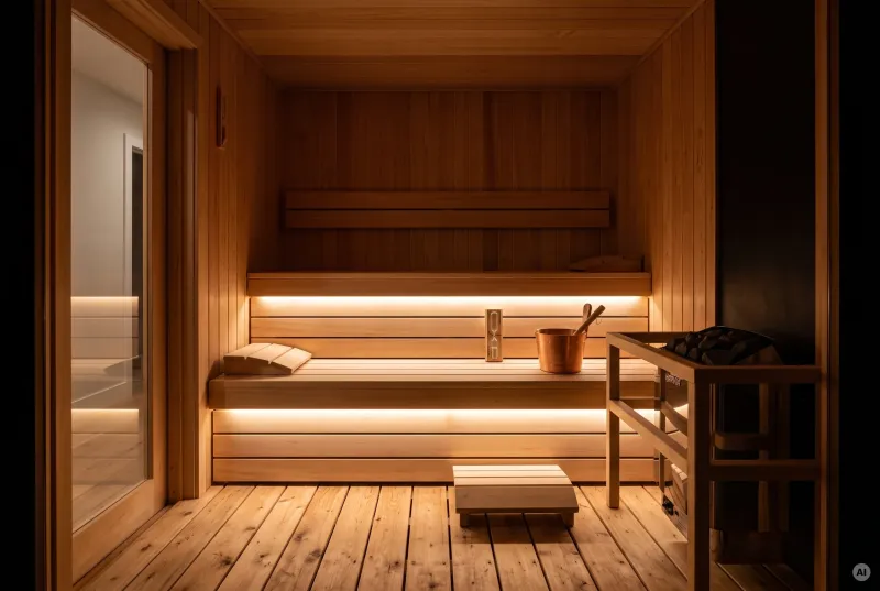 Ein gemütlicher Saunaraum mit Holzausstattung, warmen LED-Lichtbändern unter den Bänken und Zubehör wie Eimer und Kelle.