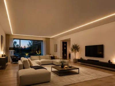LED Aluprofil für Trockenbau und flächenbündige Lichtlinien LED Aluprofil als Trockenbauprofil in der Decke für eine nahtlose warmweiße Lichtlinie im Wohnzimmer