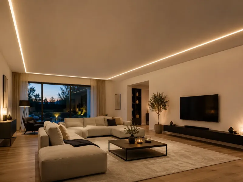 LED Aluprofil als Trockenbauprofil in der Decke für eine nahtlose warmweiße Lichtlinie im Wohnzimmer