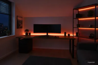 Modernes Gamingzimmer mit gleichmäßig leuchtender LED-Beleuchtung als Beispiel für einen vollständig funktionierenden LED-Streifen.
