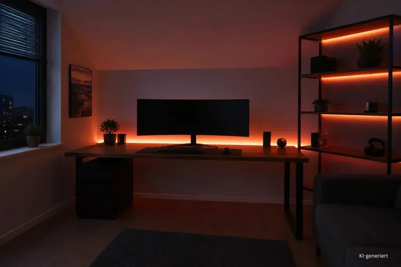 Modernes Gamingzimmer mit gleichmäßig leuchtender LED-Beleuchtung als Beispiel für einen vollständig funktionierenden LED-Streifen.