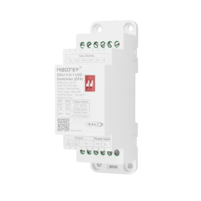 MiBoxer DL2-T DALI 3 in 1 LED Controller DT8, Frontansicht mit DIP-Schalter und Anschlussklemmen