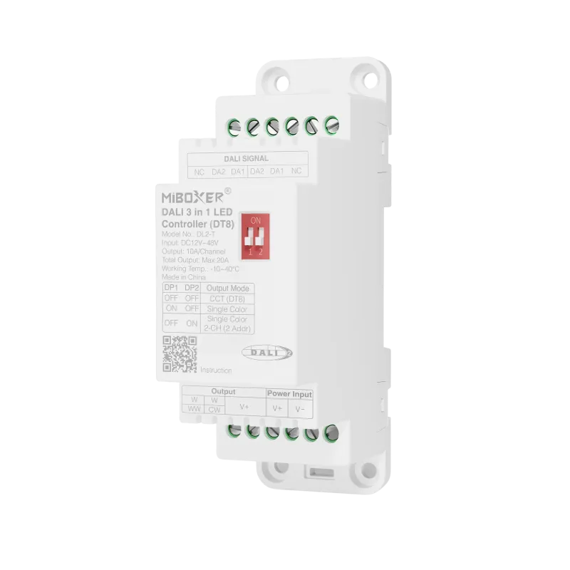 MiBoxer DL2-T DALI 3 in 1 LED Controller DT8, Frontansicht mit DIP-Schalter und Anschlussklemmen