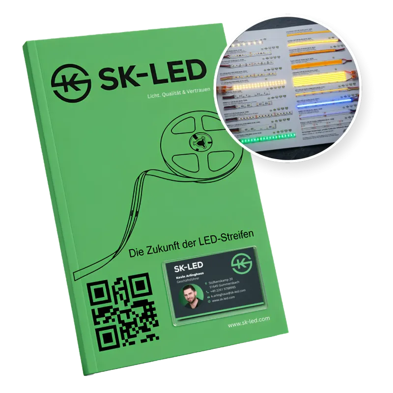 SK-LED Musterheft mit LED Streifen, Lichtfarben und Musterübersicht für die Auswahl der passenden Beleuchtung.