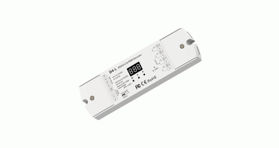 D4-L DMX512 & RDM Controller – Front View – 4-Channel RGBW LED Strip Driver 12–24 V DC 20 A – SK-LED D4-L 4-Kanal DMX512 & RDM Controllers – RGBW-LED-Treiber für 12–24 V DC, 5 A/Kanal, max. 20 A gesamt. Ideal zur Steuerung professioneller RGBW-LED-Streifen – SK-LED