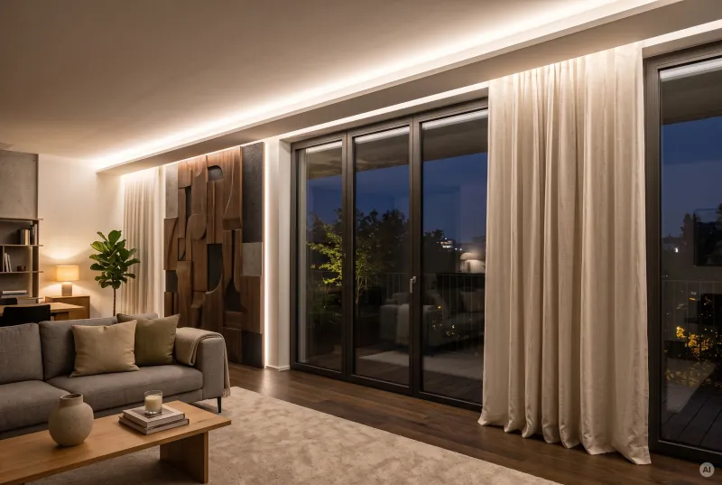 Wohnbereich mit stilvollem Holz-Wandpaneel, das seitlich indirekt mit warmweißem LED-Licht hinterleuchtet wird.