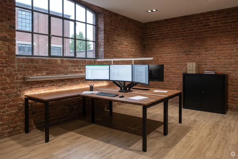 Modernes Einzelbüro mit drei Monitoren und linearer LED-Beleuchtung am Arbeitsplatz vor Backsteinwand