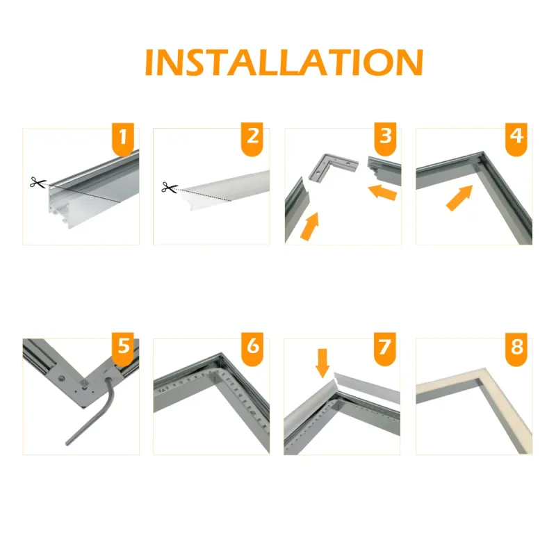 CON-A2 Verbinder 90° Installationsanleitung – 8-schrittige Montageanleitung für LED-Aluminiumprofil Eckverbinder: Zuschneiden, Verbinder einsetzen, LED-Streifen verlegen und Diffusor einclipsen
