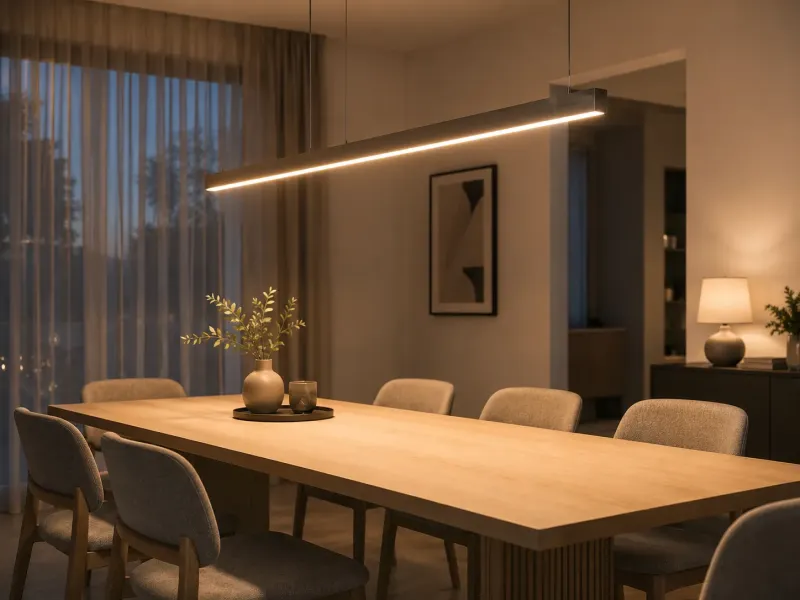 LED Aluprofil als moderne Pendelleuchte über einem Esstisch mit homogener warmweißer Beleuchtung