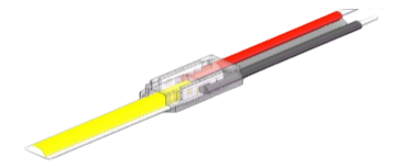 2-poliger LED Strip-zu-Kabel Schnellverbinder für 5 mm COB LED-Streifen mit angeschlossenem 22 AWG Kabel – lötfreie Verbindung in rot und schwarz, transparente Ausführung mit Metallkontakten, ideal für DIY LED-Installationen von SK-LED