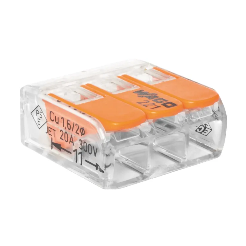 WAGO 221-413 COMPACT Verbindungsklemme – 3-polig, transparent, für 0,02–4 mm² Leiter, 450 V / 32 A, ideal für NYM-Kabel und Standardinstallation