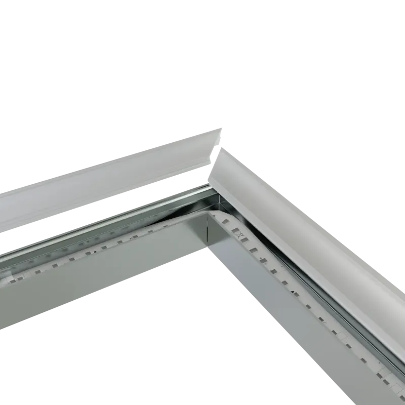 CON-A2 Verbinder 90° – Nahaufnahme der Eckverbindung mit eingelegtem LED-Streifen und schwebend dargestelltem Diffusor kurz vor dem Einclipsen, Ansicht von schräg oben
