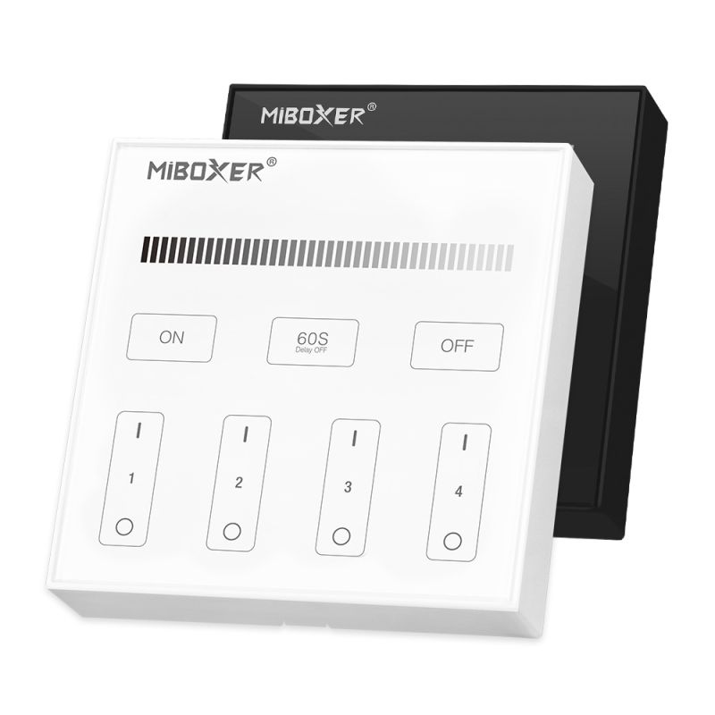 MiBoxer MI-B1 / MiLight B1 LED Wandfernbedienung in Weiß – 4-Zonen Touchpanel mit 2,4 GHz Funktechnik zur stufenlosen Dimmung einfarbiger LED-Beleuchtung, Wandsteuerung mit Magnetmontage, AAA-Batteriebetrieb und eleganter Glasoberfläche