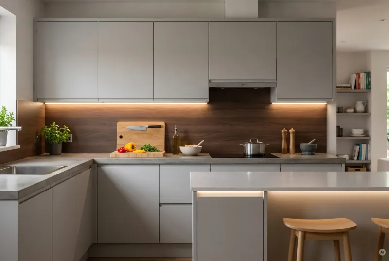 Blendfreie LED-Unterbaubeleuchtung unter Hängeschränken leuchtet eine Arbeitsplatte mit Holzrückwand gleichmäßig aus.