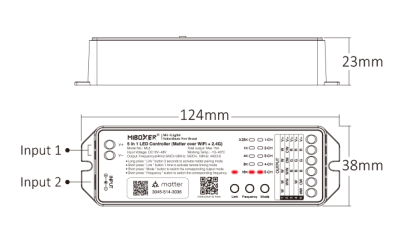 MiBoxer ML5 – Anschlussseite mit 5-Kanal Schraubklemmen, Matter & 2,4 GHz | SK-LED MiBoxer ML5 Matter LED Controller Anschlussseite – Schraubklemmen für Eingang 12–24V und Ausgang 5-Kanal RGB, RGBW, RGBCCT, CCT oder einfarbige LED Streifen