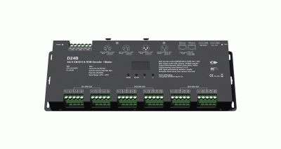 D24B 24-Kanal DMX512 & RDM Decoder/Master – schwarzes 19-Zoll-Rack-Gerät mit XLR-Anschlüssen, RJ45, 24 Ausgangskanälen (3x DC MAX.32A), Display und MODE/SETUP-Tasten, DC 12-24V, 96A gesamt
